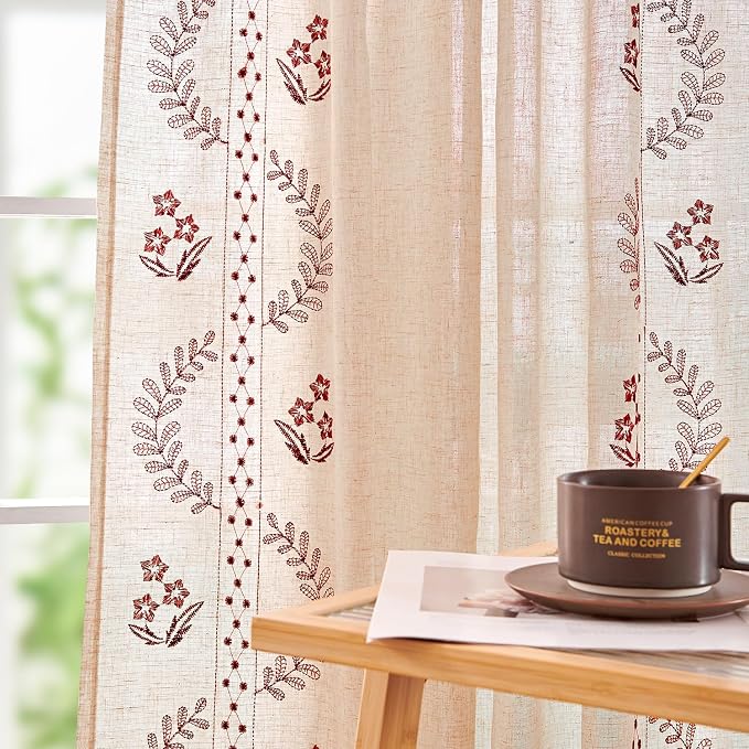 jinchan Floral Linen Curtains 84 Inch Back Tab 2 Panels Burgundy Red | Embroidered curtains,boho curtains,living room,bedroom,light filtering,privacy,flower patterned drapes,window treatment