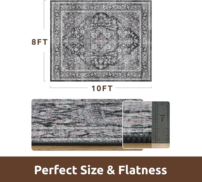 AMOAMI-Area Rug 8X10 Rugs for Living Room-Vintage Soft Black Rugs for Bedroom-Non Slip Carpet-Washable Rug for Dining Room Living Room Bedroom Office Under Table Dark Grey & Black