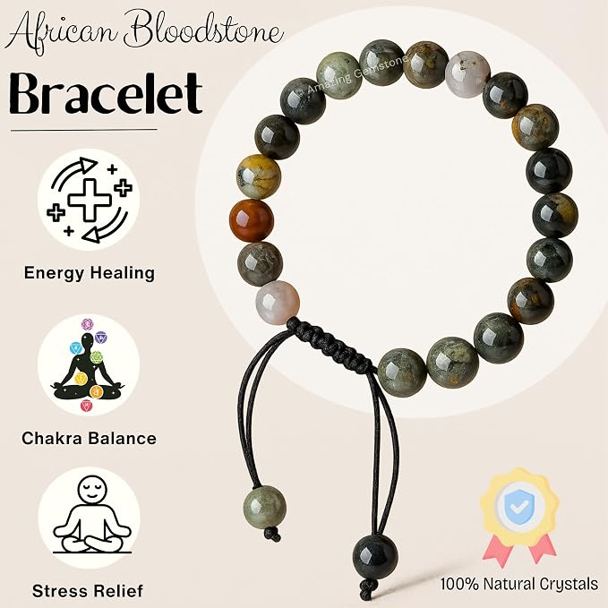 Amazing Gemstone African Bloodstone Bracelet for Women Men's Gifts - Protection Healing Crystal Bracelet - 8mm Gemstone Beaded Adjustable Bracelet Pulseras para Hombres Mujer Stocking Stuffers