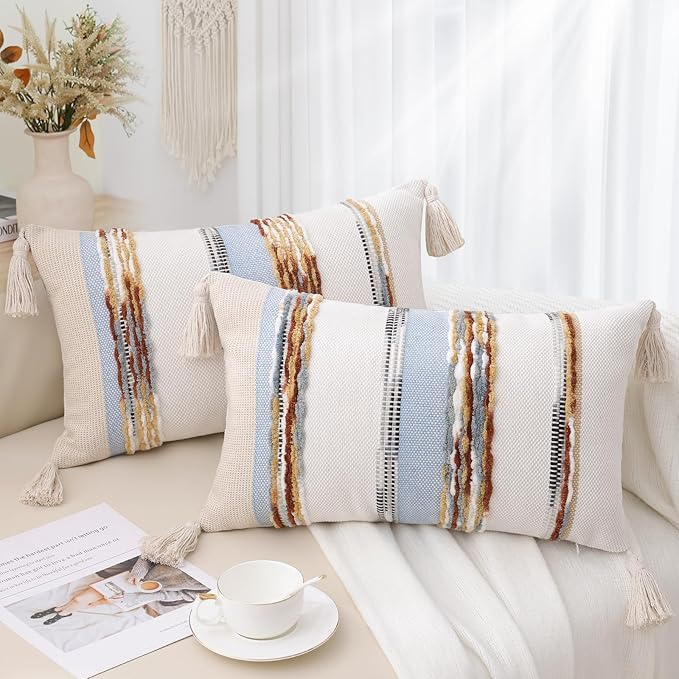 Simmore Boho Decorative Throw Pillow Covers 12x20 Set of 2, Tufted Farmhouse Pillow Covers with Tassels for Cozy Bohemian Couch Sofa Bedroom Home Decor, Blue | Tufted Accent Modern Farmhouse Neutral Pillow Covers with Tassels for Cozy Bohemian Couch So...