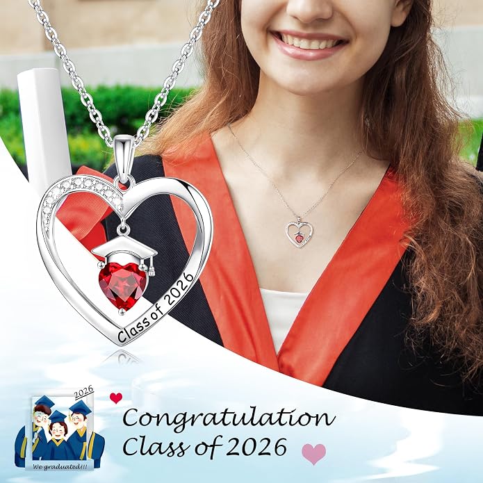 Anoup 2026 Graduation Gifts - 925 Sterling Silver Heart Birthstone Necklace Class of 2026 College High School Graduation Gifts for Women Her