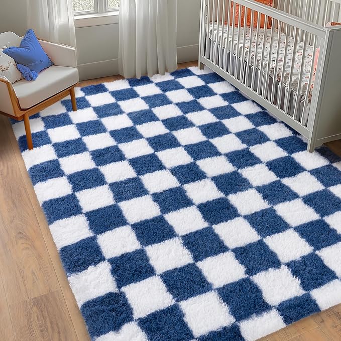 Checkered Rugs for Living Room, 6x9 Area Rug for Bedroom | Shaggy Shag Carpet, Soft and Comfy, Non Slip Big Fuzzy Carpet for Bedroom Nursery Kids Girls Boys Room Dorm Home Decor