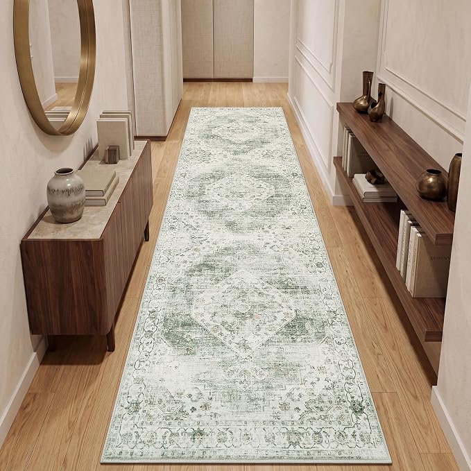 Garvee Sage Green 2x6 Kitchen Runner Rug Washable Non Slip Boho Vintage Long Rug for Hallway Bathroom Entryway Laundry Room Mat TPE Backing