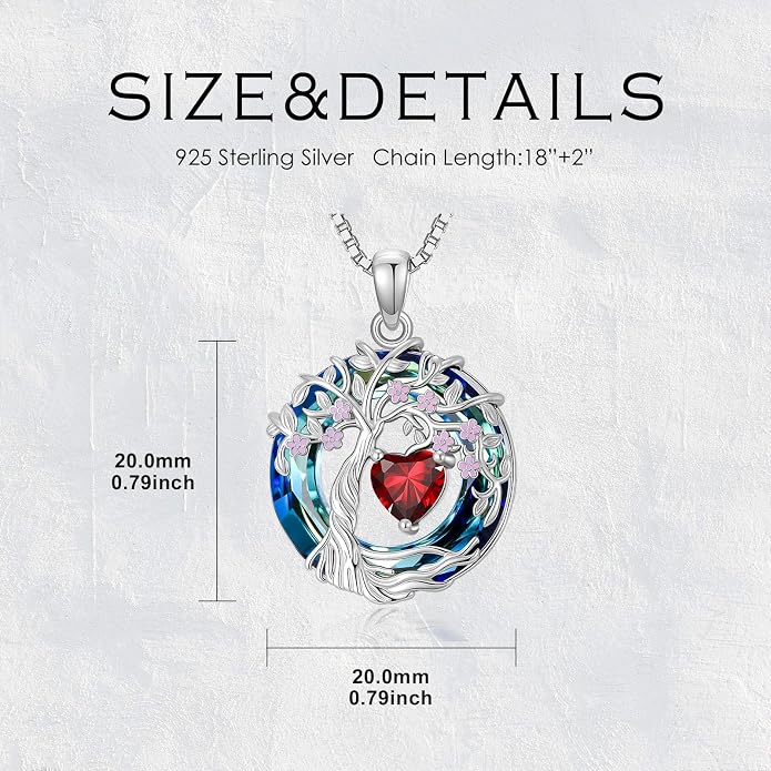 Tree of Life Birthstone Necklace 925 Sterling Silver Crystal Tree of Life Pendant Birthstone Jewelry Birthday Christmas Gifts for Women Mom Her Wife