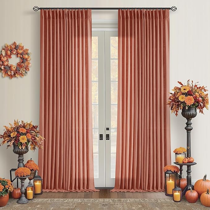Terracotta 90 Inch Linen Curtains Pinch Pleated 2 Panels Set Firebrick | for Living Dining Room Bedroom, Light Filtering Semi Sheer, Pinch Pleat with Hooks Rings Back Tab, Red Clay Autumn Fall Decor