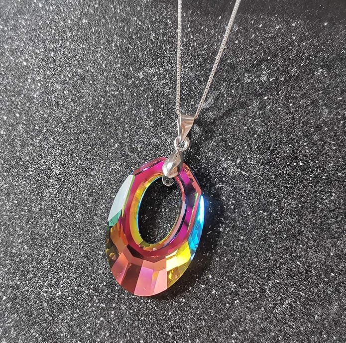 H ermosa 925 Sterling Silver Necklace for Women Austria Crystals Oval Shape Pendant Necklace Hypoallergenic Jewelry Gift Birthday Gift (A Rainbow Crystal Necklace)