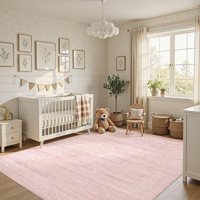 Nakagishi 6X9 Area Rugs Living Room: Washable Large Vintage Rug Neutral Non-Slip Soft Stain Resistant Indoor Carpet for Bedroom Nursery Dining Room Office Playroom - Pink