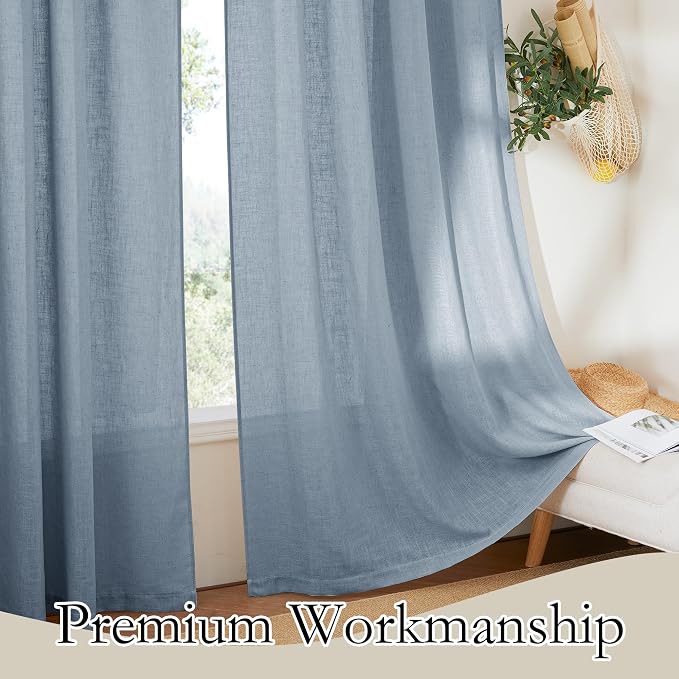 RYB HOME Linen Curtains 108 inches Long, Extra Long Floor Sweeping Semi Sheer Curtains Light Filtering Privacy Linen Blend Drapes for Sliding Glass Door Living Room, 52" inches Wide, Dusty Blue