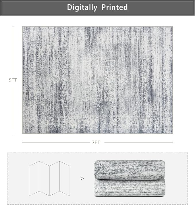 Srugn Washable Rugs 5x7 Area Rugs for Living Room,Rugs for Bedroom,Large Carpets,Ultra Soft Faux Wool Retro Dining Room Rug,Non Slip&Non-Shedding Low Pile Vintage Print Rug for Home Office-Grey Cream