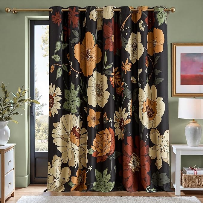 jinchan Black Boho Floral Blackout Curtains W100xL96 Grommet 1 Panel | Room darkening, Vintage, living room, bedroom, privacy, floral print, flower pattern, fall decor, window treatments