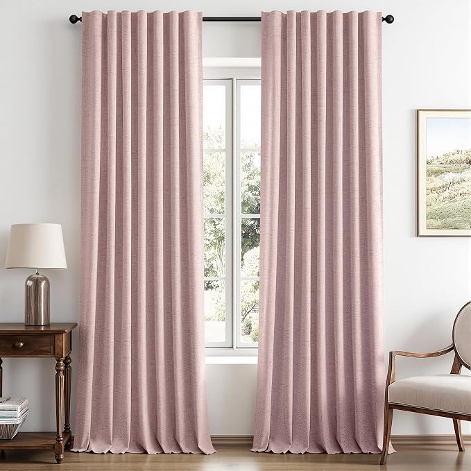 MIULEE 100% Blackout Linen Curtains for Bedroom 42 x 96 Inch Pink 2 Panels | Thermal Insulated, Room Darkening Drapes for Living Room, Back Tab Rod Pocket Pinch Pleated, Solid Luxury Decor