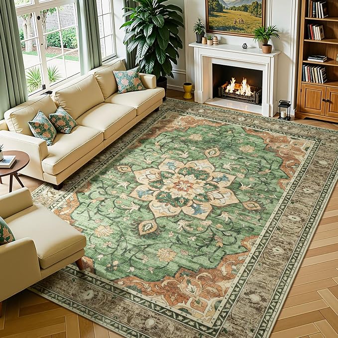 Lessymo Washable Area Rug for Living Room,9x12 Large Rugs with Non-Slip Backing,Soft Boho Carpets for Bedroom Dining Room Nursery Home Office,Light Orange
