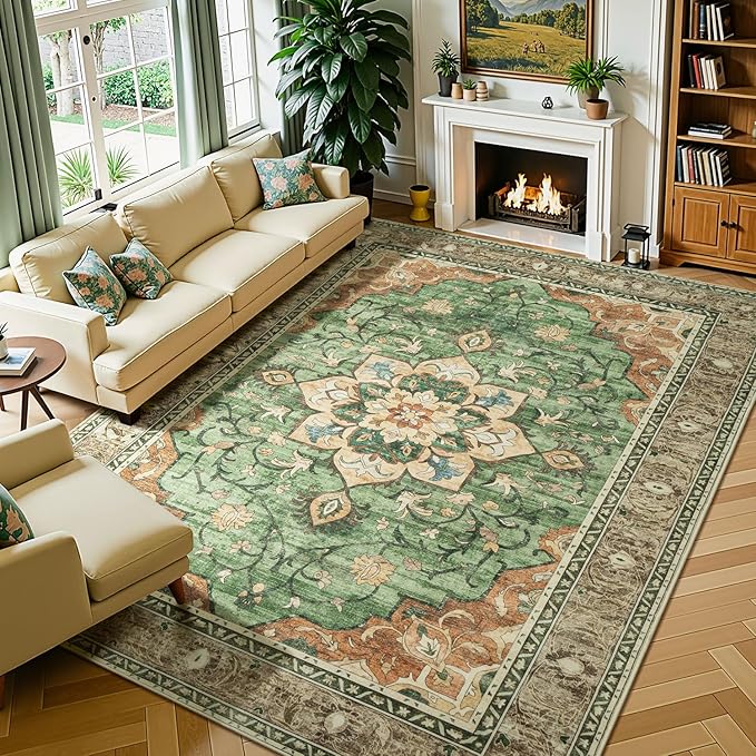 Lessymo Washable Area Rug for Living Room,8x10 Large Rugs with Non-Slip Backing,Soft Boho Carpets for Bedroom Dining Room Nursery Home Office,Light Orange