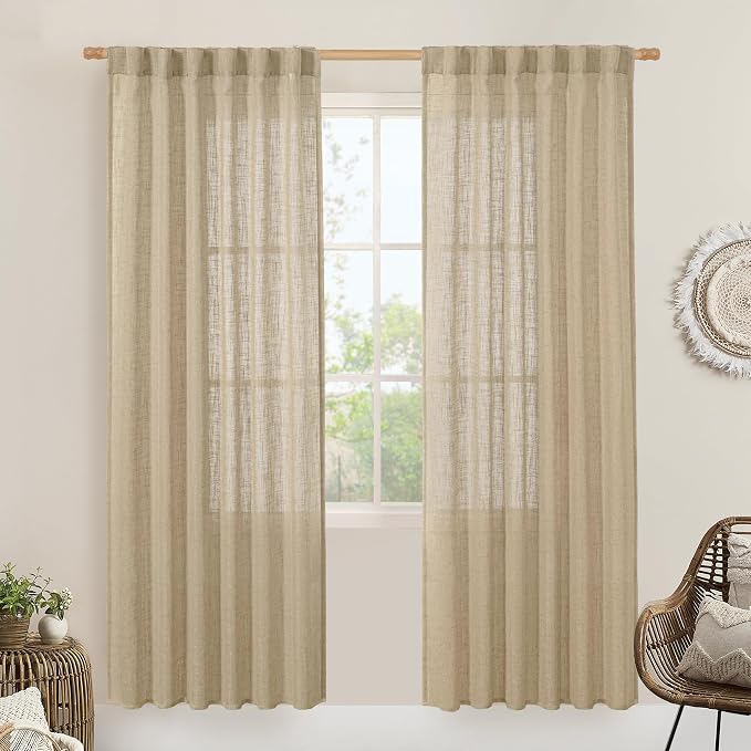 LAMIT Light Filtering Linen Curtains 78 inch for Bedroom, Faux Linen Textured Semi Sheer Back Tab and Rod Pocket Boho Modern Drapes for Living Room/Farmhouse, Brown, 2 Panels, 52 x 78 Inch