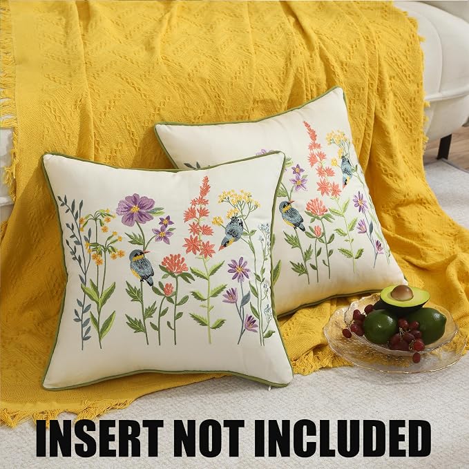 Embroidered Throw Pillow Covers 16 x 16 Set of 2 Vintage Birds with Flowers Pillow Cover Farmhouse Pillow Cushion Cases Summer Decorative Pillowcases Home Decor Square Floral Pillow Case