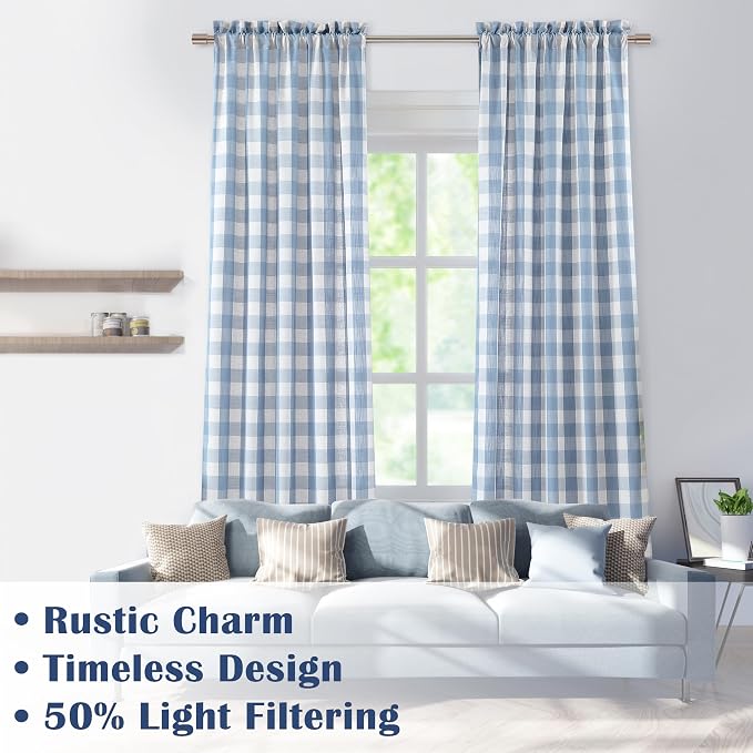 Beige-Dusty Blue Buffalo Check Curtains 95 Inches Length | Farmhouse Semi Sheer Drapes 8 FT Bedroom Living Room,Buffalo Plaid Window Treatment,Rod Pocket,Yarn Dyed Fabric,40"Wx95"Lx2