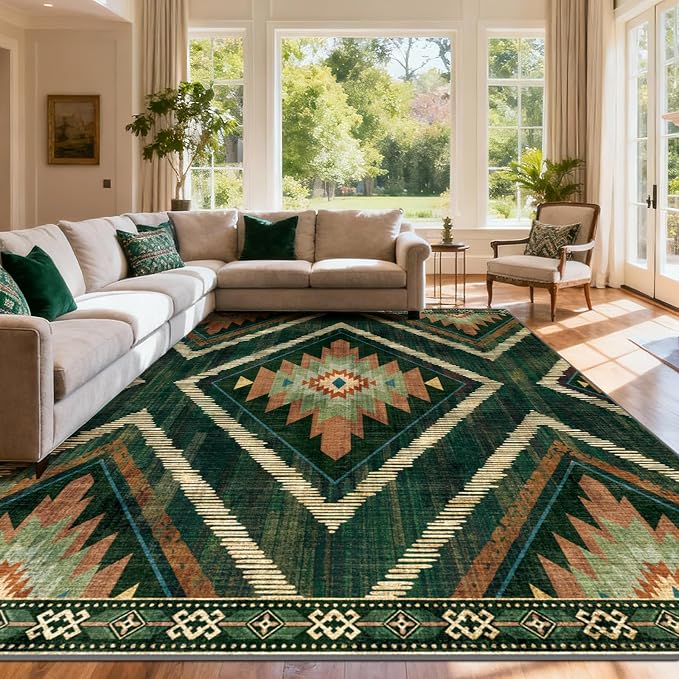 9x12Ft Boho Washable Area Rugs, Large Living Room Area Rug Non Slip, Low Pile Green Moroccan Bedroom Carpets, Non Shedding Soft Floor Carpet for Dining Room Nursery Home Office