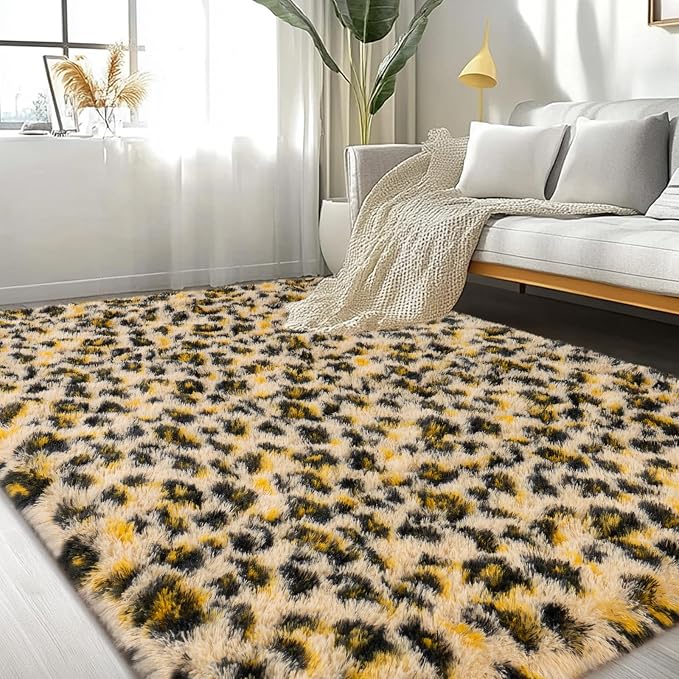 Large Area Rugs for Living Room Bedroom 8x10 Cheetah Fluffy Shag Rug | Ultra Soft Leopard Shaggy Plush Fuzzy Modern Indoor Throw Floor Carpet for Kids Girls Boys Dorm Nursery Home Decor Aesthetic