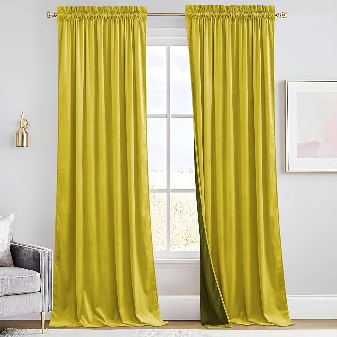 RYB HOME Chartreuse Yellow Velvet Curtains for Bedroom Living Room, Thermal Insulated Privacy UV Heat Blocking Luxurious Soft Rod Pocket Back Tab Drapes for Nursery, 52" W x 84" L, 2 Panels