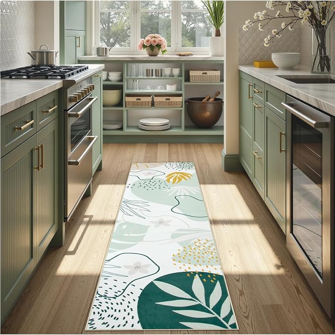 Lahome Green Runner Rugs for Hallway 2x8 Non-Slip Washable Kitchen Rugs Lightweight Low-Pile Throw Laundry Runner Rug, Boho Botanical Print Soft Indoor Carpet Runner for Entryway Bedroom Bathroom