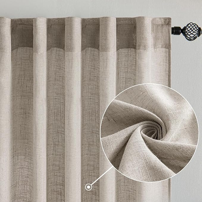 MIULEE Burlywood Birch Linen Curtains 90 Inch Long 2 Panels for Bedroom Living Room, Soft Linen Textured Window Drapes Semi Sheer Light Filtering Back Tab Rod Pocket Farmhouse Modern Burlap Look Decor