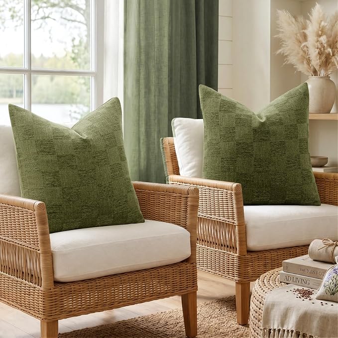 A moment Set of 2 Decorative Linen Throw Pillow Covers,Large Grid Textured Neutral Boho Farmhouse Cushion Covers,Soft Aesthetic Pillowcases for Couch Sofa Living Room Home Decor,18x18 Inch,Olive Green