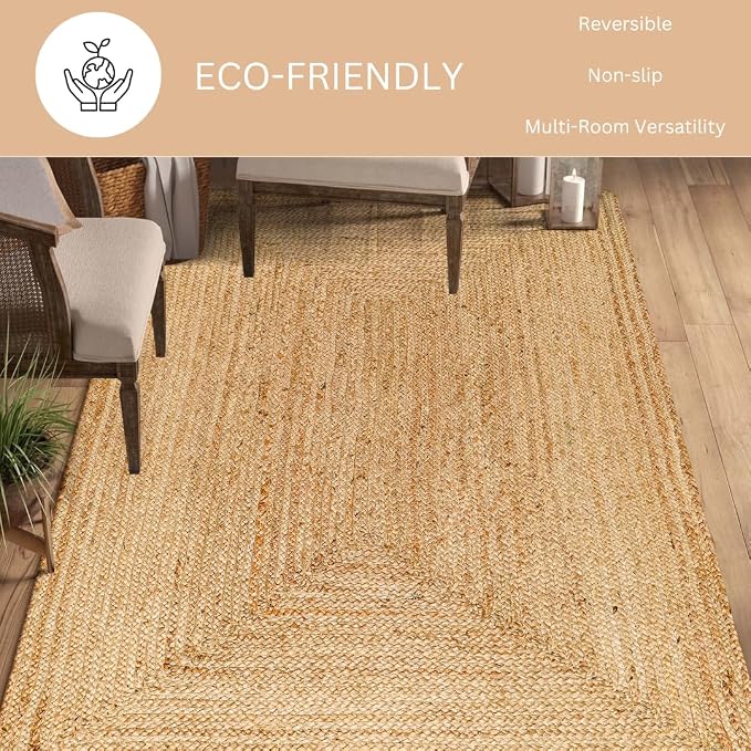 Handcrafted Jute Braided Rug 4x6 Feet - 100% Natural Jute Area Rug - Rustic Farmhouse Boho Accent Rug for Living Room Bedroom Kitchen Hallway Entryway Reversible Handwoven Floor Rug
