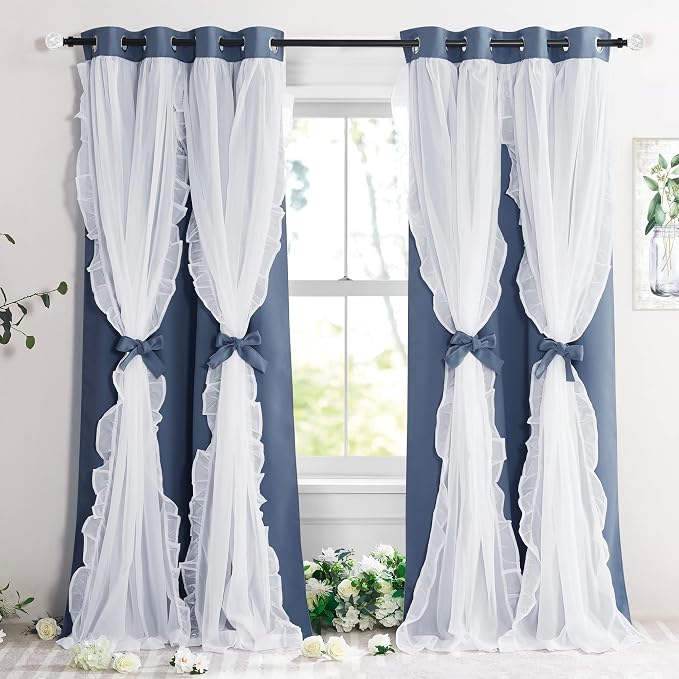 PONY DANCE Double Layer Curtains with Ruffle Sheer Overlay for Whimsical Forest Teen,Shabby Chic Room Darkening Drapes with Tiebacks, 52" Wide x 84" Long, Blue Haze, 2 Panels