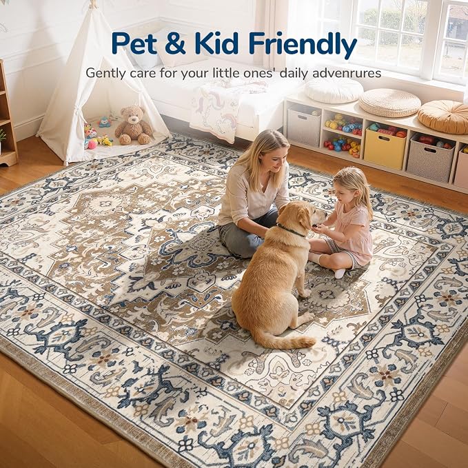 Lessymo Area Rugs 9x12 Living Room- Large Area Rug Machine Washable Area Rug for Bedroom Living Room, Vintage Rugs Boho Floral Medallion, Non-Slip Rubber, Low Pile, Kid & Pet Friendly, Brown Beige