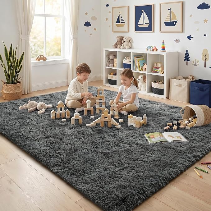 Fluffy Rugs for Living Room: Smoky Gray Soft Shag Rug for Bedroom, Large Fuzzy Plush Indoor Carpet Non Slip Modern Rug for Nursery Kids Room Dorms Office Home Decor, 7x10 Feet