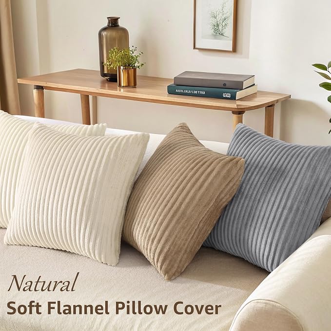 decorUhome Flannel Beige White Throw Pillow Covers 18X18 Set of 4 | Decorative Fall Soft Fluffy Striped Double-Sided Couch Pillow Covers, Modern Farmhouse Pillow Cases for Sofa bed Home Decor