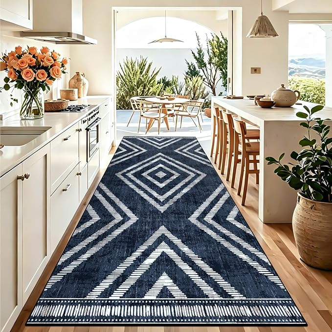 4x10Ft Boho Rug Runners for Hallway Non Slip, Geometric Washable Kitchen Runner Rugs, Navy Blue Soft Wide Modern Farmhouse Entryway Floor Carpets for Entrance Doorway Bedroom Home Decor