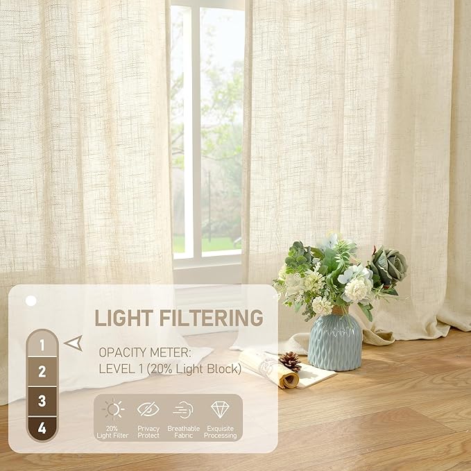 LAMIT 95 Inch Long Linen Curtains for Living Room 2 Panels Set, Light Filtering Semi Sheer Panels Back Tab and Rod Pocket Neutral Curtains for Bedroom/Sliding Glass Door, Beige, 60 x 95 Inch