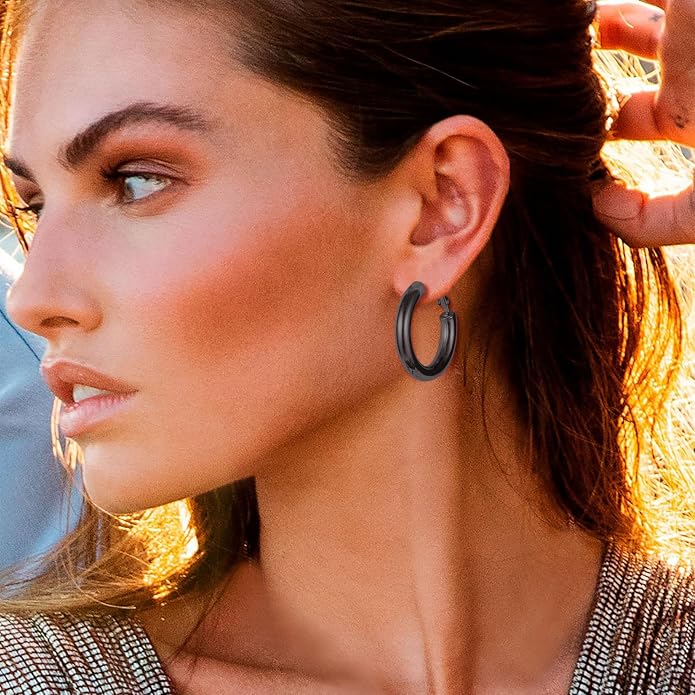 Stainless Steel Chunky Hoop Earrings For Women, Minimalist and Chic, Black/Gold Plated, Round Hoops Earrings Hypoallergenic, Size: 30mm/40mm/60mm/80mm, Come with Box