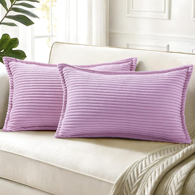 decorUhome Fall Corduroy Lilac Throw Pillow Covers 12x20 Set of 2 | Lumbar Couch Decorative Soft Modern Boho Farmhouse Pillow Covers Broadside Striped Pillow Cases for Living Room Bed Sofa