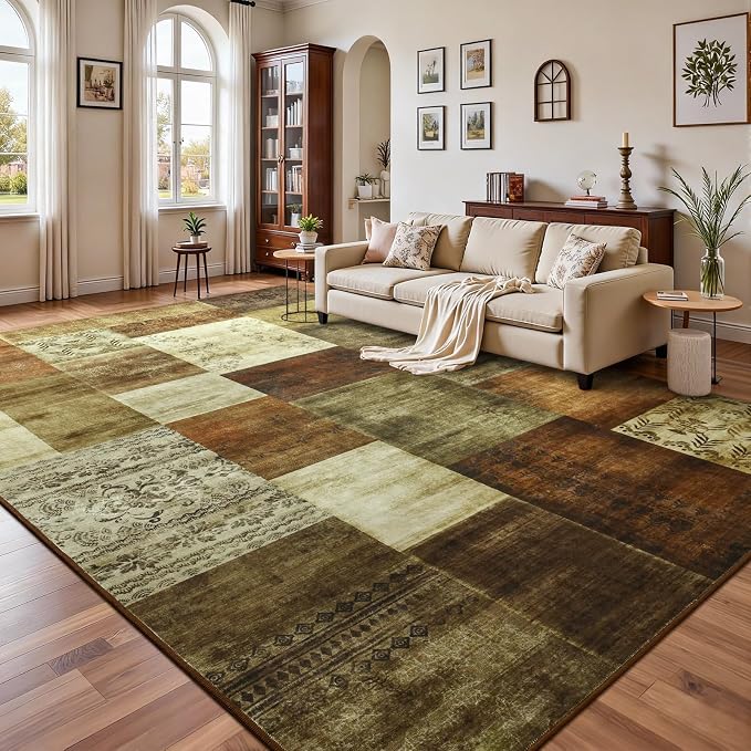 DweIke Washable Area Rugs 4x6 for Living Room, Modern Geometric Brown Soft Patchwork Carpet, Non-Slip Stain Resistant Throw Rug for Bedroom Dining Room Office Home Decor
