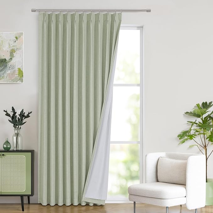 WEST LAKE Soft Green Linen Blend Pinch Pleat Curtain Panels 90 Inches Long | Full Blackout Thermal Insulated Drapes,Modern Window Treatment Home Decor,Back Tabs Hooks,60"Wx90"L(Pack of 1)