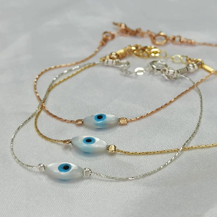 Minimalist Evil Eye Charm Bracelet – Handmade Delicate Good Luck Jewelry for Women – Adjustable 6.5” + 1” Extender