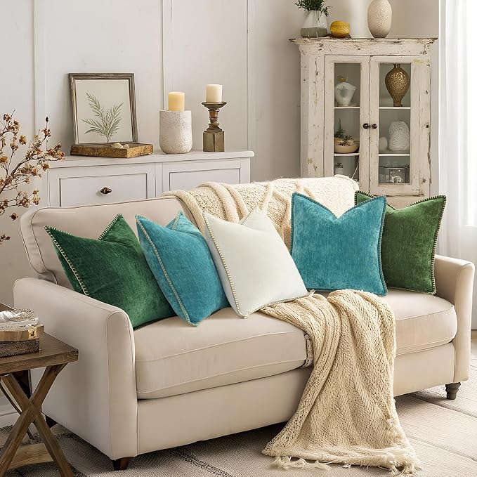 decorUhome Soft Chenille Throw Pillow Covers 26x26 Set of 2 Turquoise | Fall Textured Decorative Throw Pillow Cases Stitched Edge Modern Farmhouse Luxury Boho Velvet for Couch Sofa Bed Home Decor