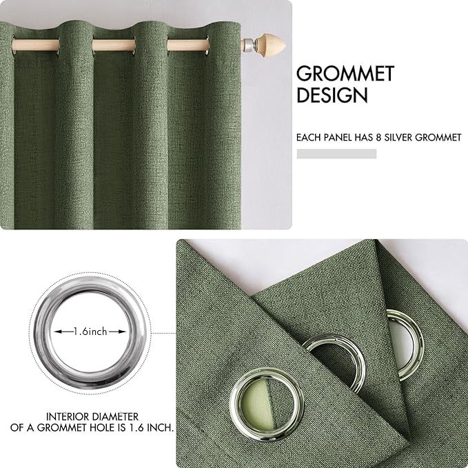 MIULEE 100% Blackout Linen Textured Curtains for Bedroom Solid Thermal Insulated Olive Green Grommet Room Darkening Curtains & Drapes Luxury Decor for Living Room 52 x 96 Inch (2 Panels)