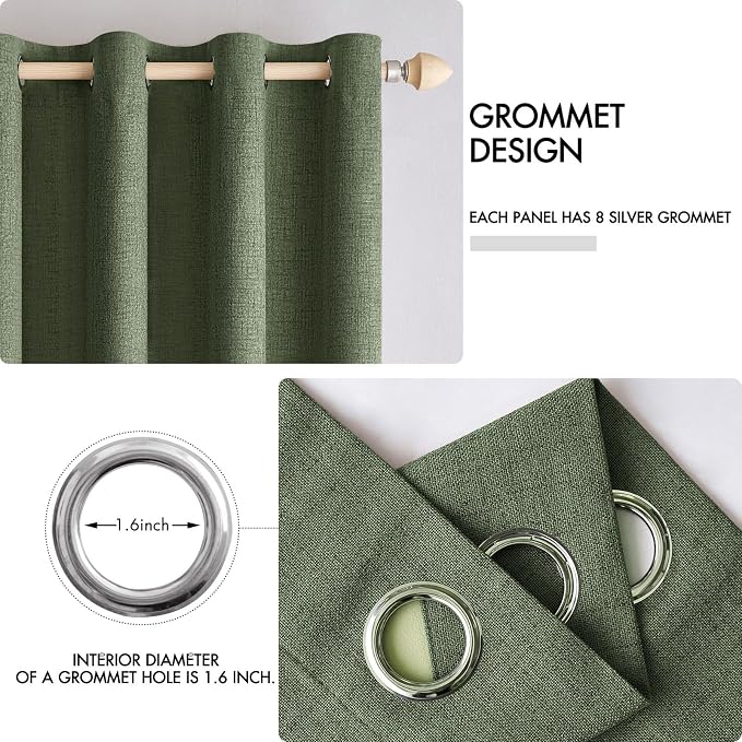 MIULEE 100% Blackout Linen Textured Curtains for Bedroom Solid Thermal Insulated Olive Green Grommet Room Darkening Curtains & Drapes Luxury Decor for Living Room 52 x 120 Inch (2 Panels)