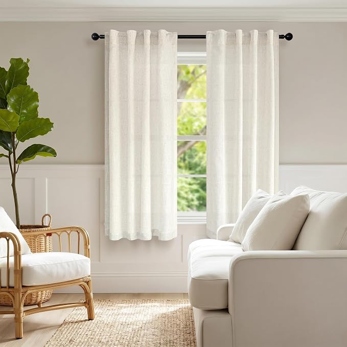 Pitalk Neutral Linen Curtains 40 Inch Length 2 Panels for Kitchen Windows Over Sink Cream Ivory Light Filtering Semi Sheer Cafe Drapes for Basement Bathroom Loft Room 34 x 40 Inch Back Tab Rod Pocket