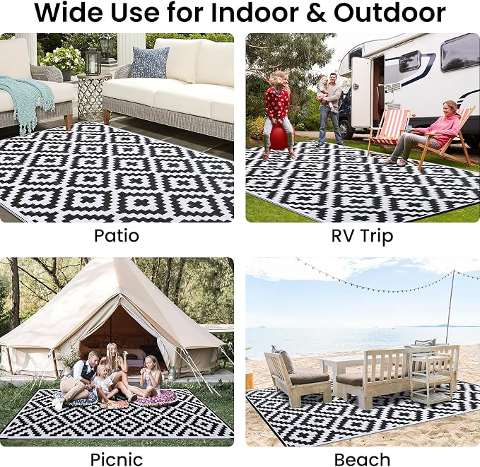 Smiry Waterproof Outdoor Rug 6x9 ft, Reversible Plastic Straw Patio Camping Rugs, Outdoor Indoor RV Mat Carpet for Patio, Outside Entry, Backyard, Deck, Bench, Picnic, Camper, Black & White