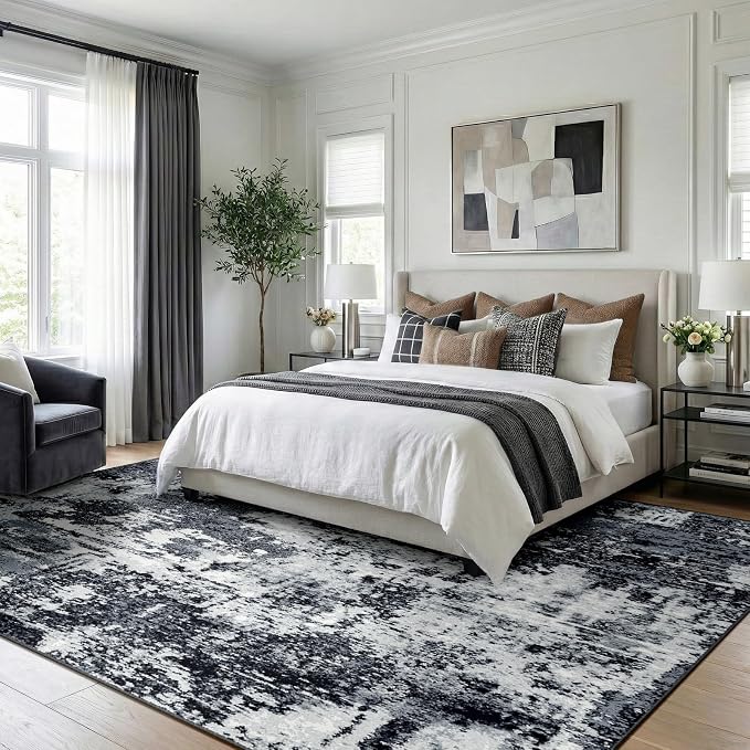 RELEANY Washable Area Rugs 5'x7' Non-Slip Modern Abstract Soft for Living Room Entryway Bedroom Kitchen, Print Pattern, Black Navy Blue Gray