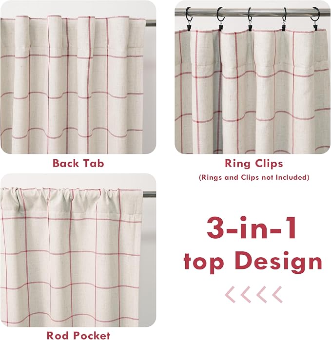 DriftAway 100% Blackout Plaid Linen Curtains 84 Inches Long 2 Panels Red | 100% Blackout, Linen Texture, Plaid Pattern, Two Layers, Rod Pocket & Back Tab, Bedroom Living Room Use, Luxury Appearance