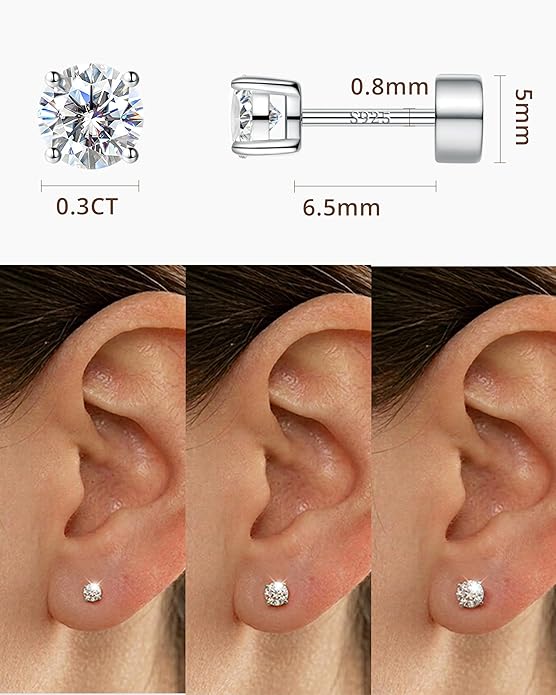 Moissanite Stud Earrings for Women, S925 Sterling Silver Screw Back Flat Back Earrings, Hypoallergenic 14K Gold/White Gold Plated Cartilage Piercing Studs, D Color VVS1 Round Cut 3-5mm