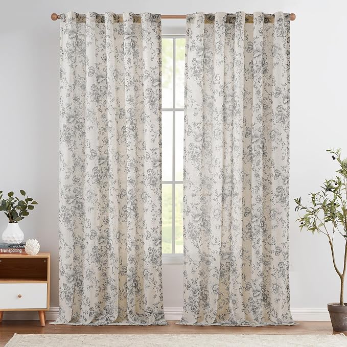 jinchan Grey Floral Linen Curtains 96 Inch Vintage Back Tab 2 Panels | Light filtering drapes, semi sheer, farmhouse, cottagecore, rustic, living room, bedroom, rod pocket, window treatment