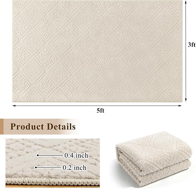 U'Artlines 3x5 Beige Washable Area Rug for Living Room, Soft Fluffy High Low Textured Carpet, Modern Neutral Geometric Non Slip Rugs for Bedroom Dining Room Kids Room