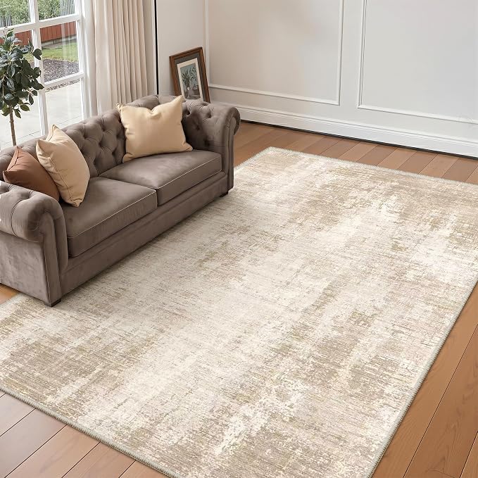 Valenrug Washable Rugs 5x7 - Stain Resistant 5x7 Area Rugs for Living Room, Non Slip Backing Abstract Rugs for Bedroom, Folable Machine Washable Area Rug(5'x7', Beige)