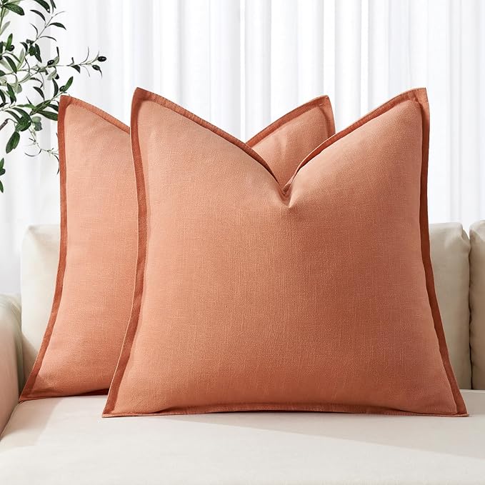 MIULEE Decorative Linen Euro Sham Pillow Covers 24x24 Coral | Boho Farmhouse Neutral Couch Throw Pillows for Bed, Pack of 2 Accent Modern Pillowcases, Sofa Livingroom Home Decor